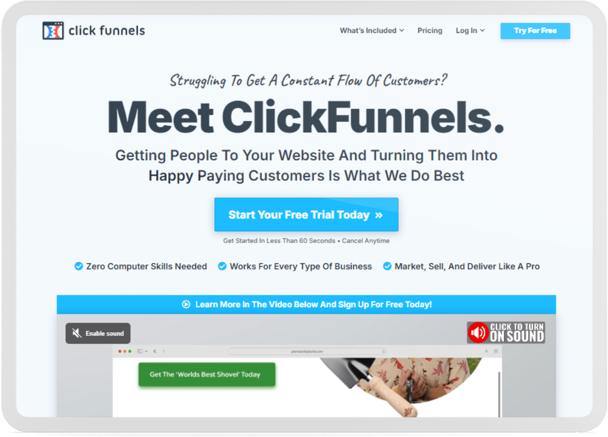 ClickFunnels homepage — Meet ClickFunnels: getting people to your website and turning them into happy paying customers