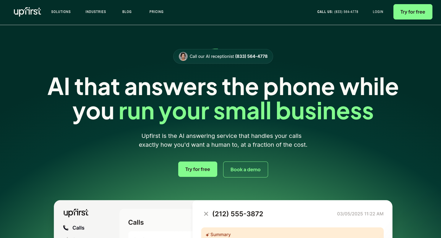 Upfirst dashboard showing call log, transcripts, and AI receptionist activity